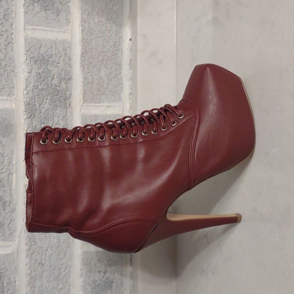 Bakers Women's Squared Burgundy Lace Up Platform Stiletto Pumps Heels Size 7 - Picture 8 of 16